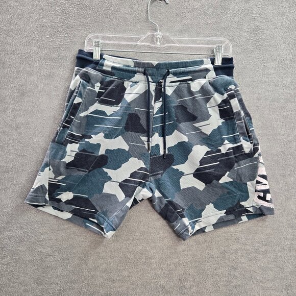 Gymshark Men‎ Activewear Shorts M Blue Camouflage Sweats Logo 7" Inseam READ - Picture 1 of 9